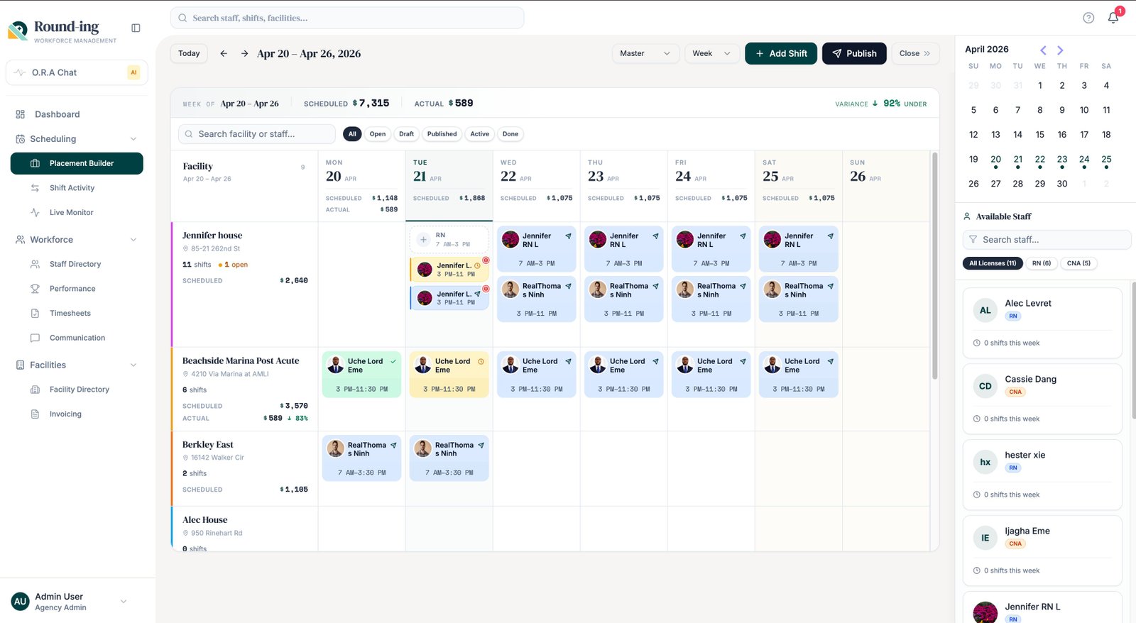 Round-ing placement builder — multi-facility scheduling dashboard
